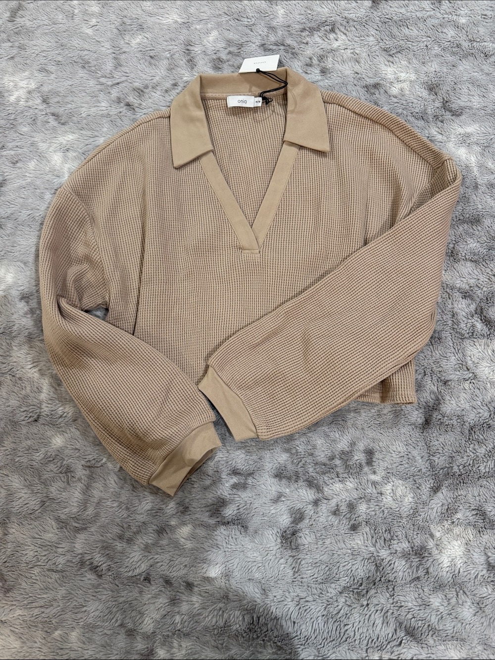NWT Onia Taupe V-Neck Cropped Waffle-Knit Sweater medium 100% cotton